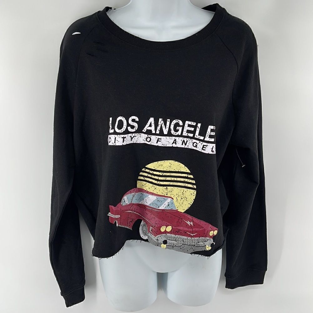 Derek heart distressed slashed cropped Los Angeles sweatshirt vintage car NEW 1X - Picture 6 of 11